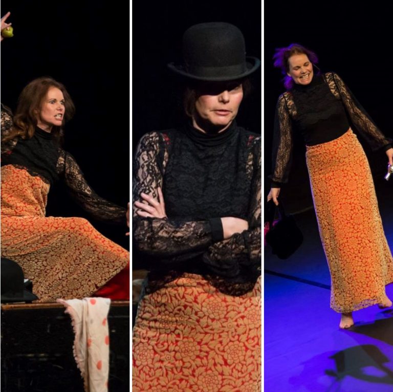 Drei Ausschnitte aus der Bühnenperfomance, die die Vielfalt im Spiel von Iris Bebensee darstellen